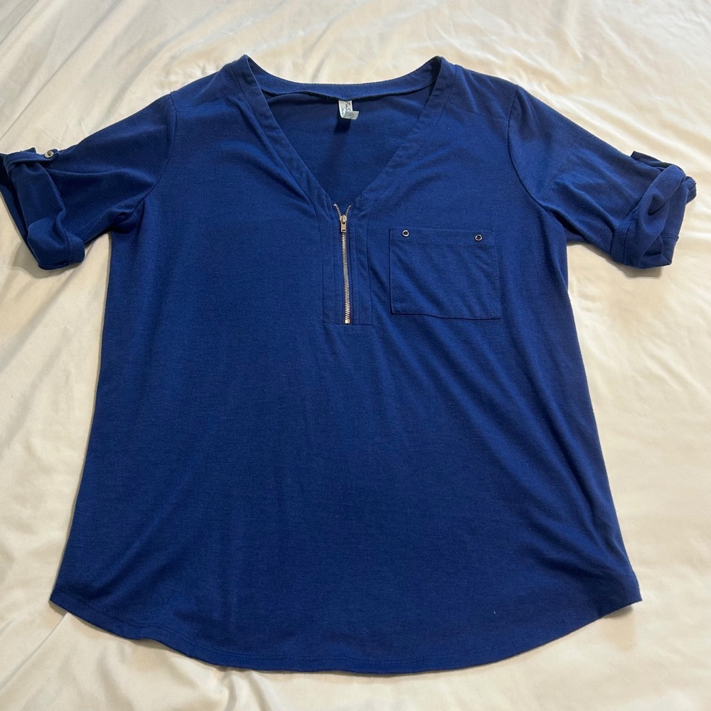 Perception Concept Womens XL Royal Blue Zip V-Neck Roll Tab Sleeve Top 112159